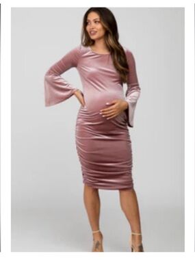 Pink Velvet Ruched Bell Sleeve Maternity Dress